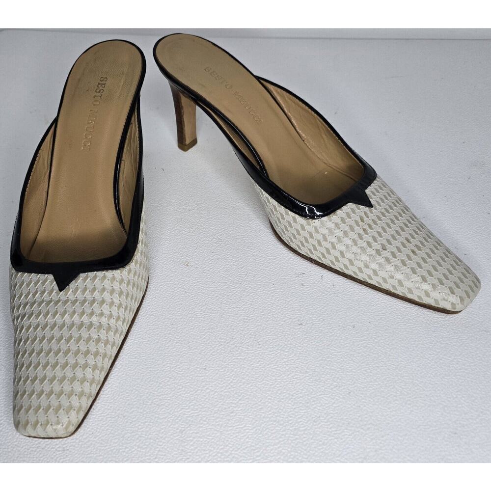Sesto Meucci Mules Beige White Checkered Print Leather Slip On Heels Size 8